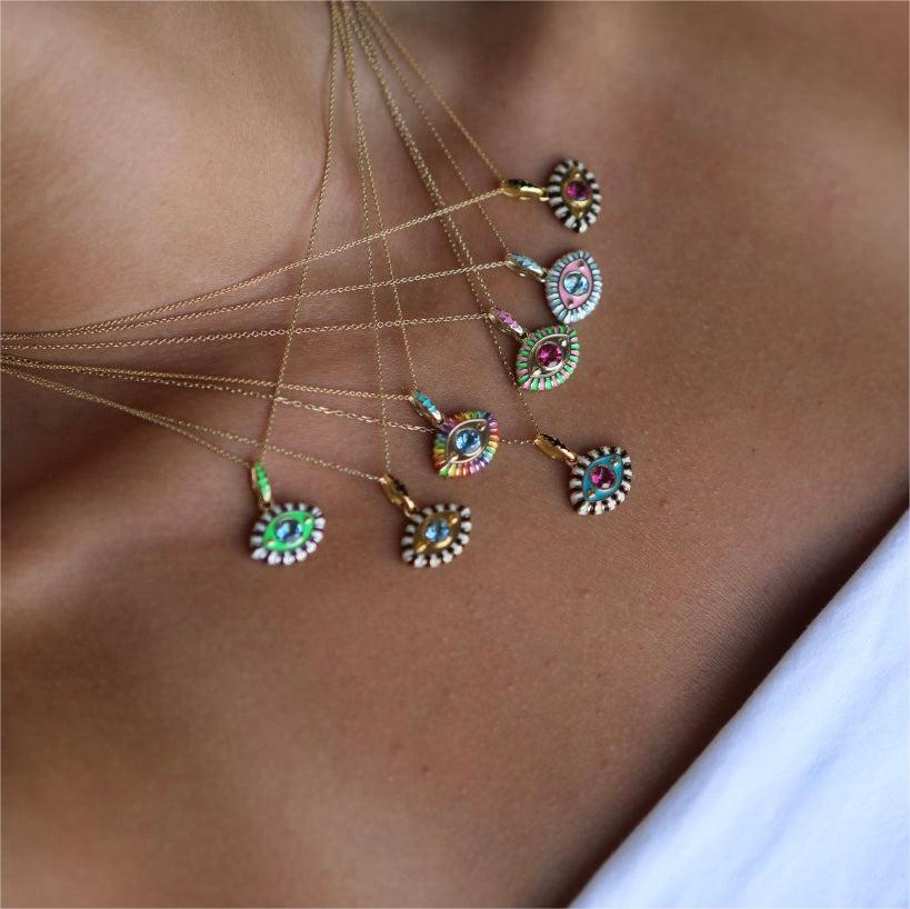Collana con occhio malvagio in acciaio e titanio con zirconi colorati Olivenorma