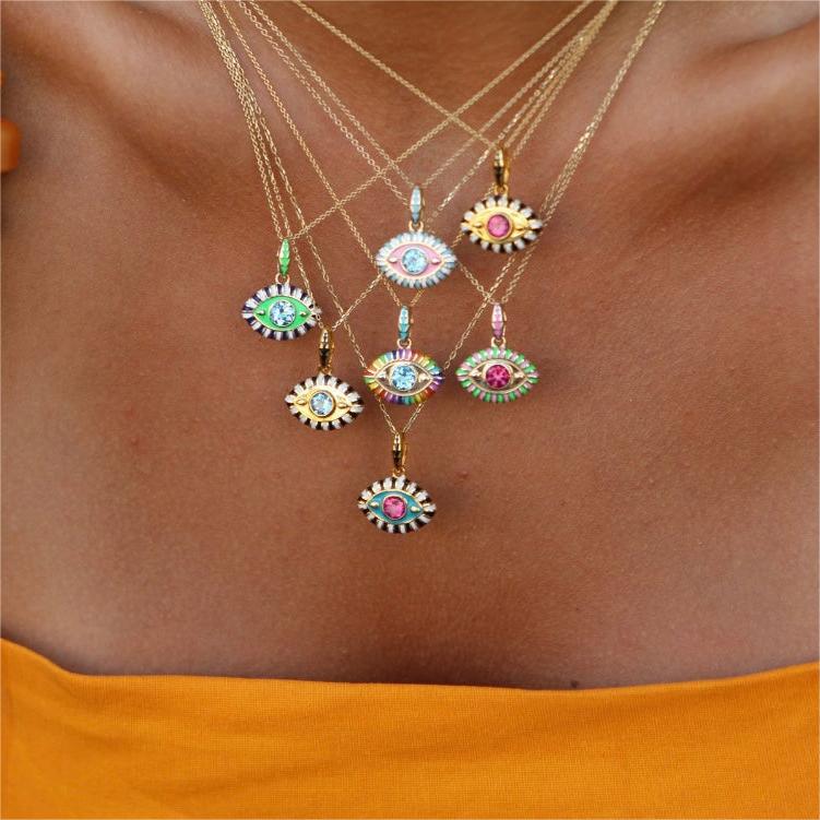 Collana con occhio malvagio in acciaio e titanio con zirconi colorati Olivenorma