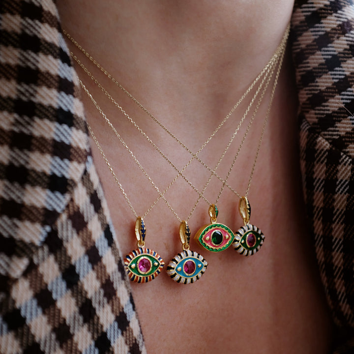 Collana con occhio malvagio in acciaio e titanio con zirconi colorati Olivenorma
