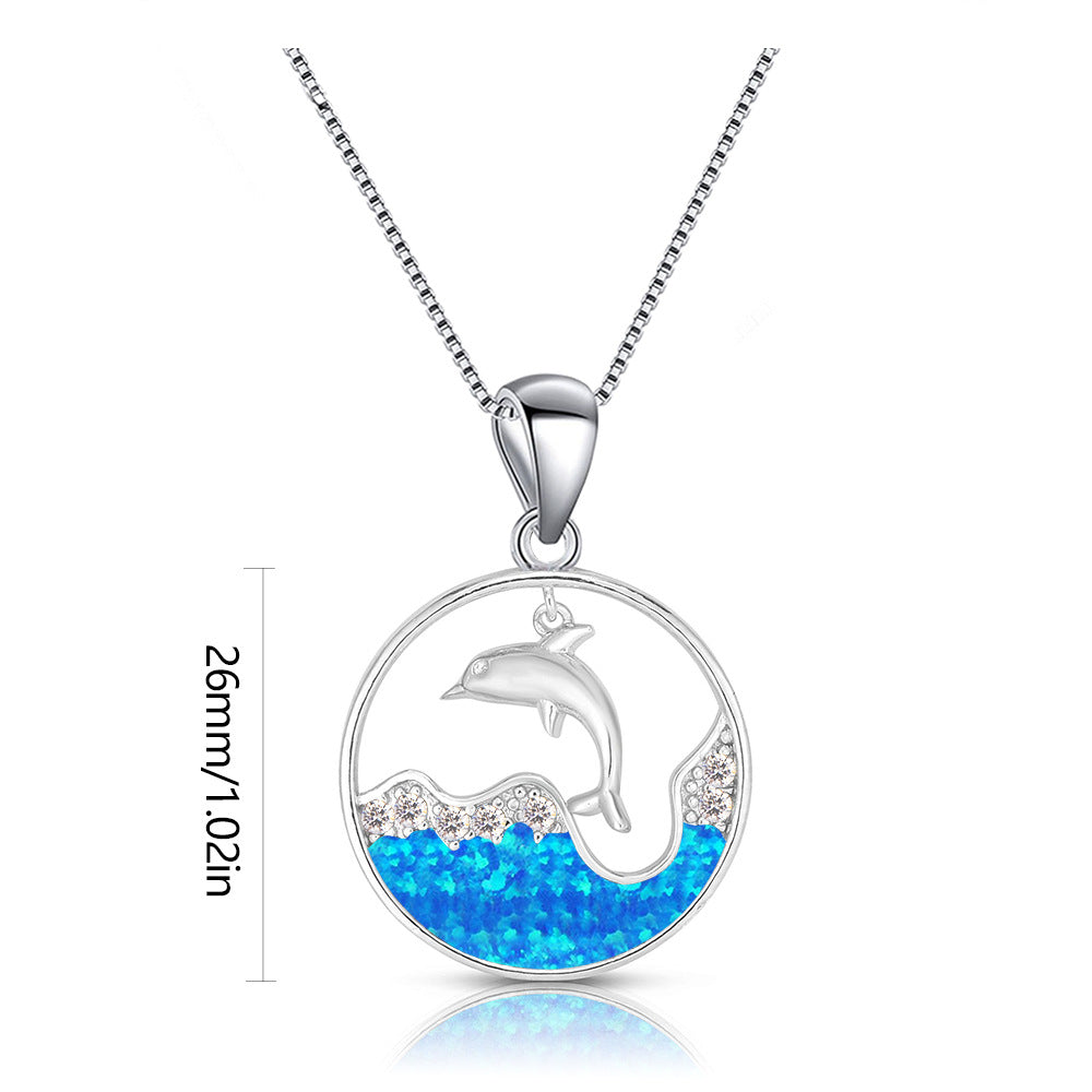 Collana con ciondolo Olivenorma Blu Opale Bianco Zircone Oceano Delfino