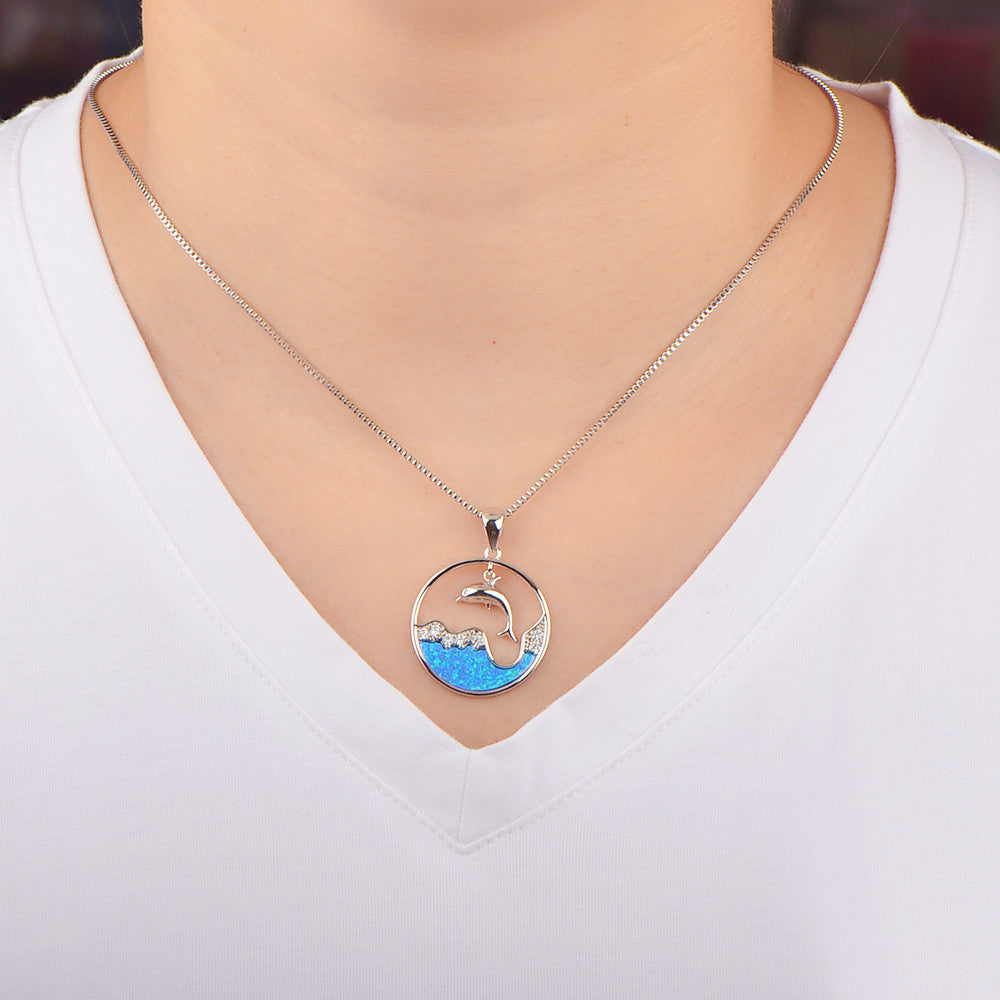 Collana con ciondolo Olivenorma Blu Opale Bianco Zircone Oceano Delfino