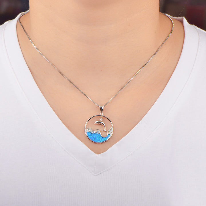 Collana con ciondolo Olivenorma Blu Opale Bianco Zircone Oceano Delfino