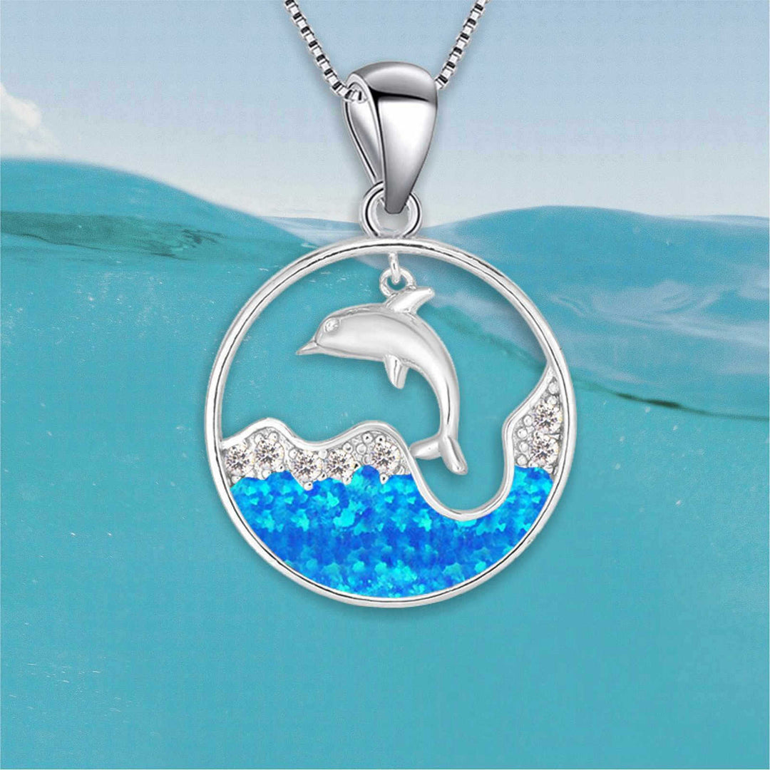 Collana con ciondolo Olivenorma Blu Opale Bianco Zircone Oceano Delfino