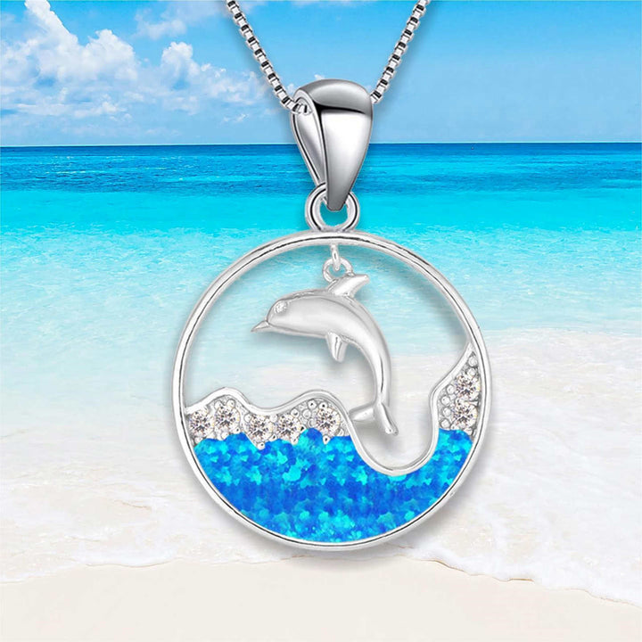 Collana con ciondolo Olivenorma Blu Opale Bianco Zircone Oceano Delfino