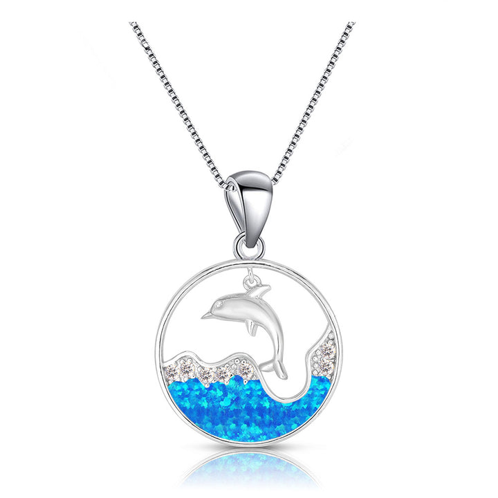 Collana con ciondolo Olivenorma Blu Opale Bianco Zircone Oceano Delfino