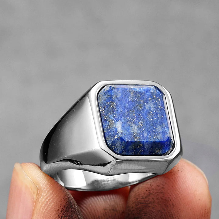 Anello da uomo in acciaio inossidabile con cielo stellato della galassia e lapislazzuli curativo Olivenorma