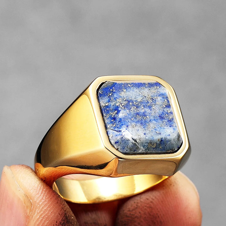 Anello da uomo in acciaio inossidabile con cielo stellato della galassia e lapislazzuli curativo Olivenorma