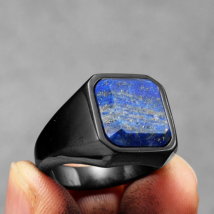 Anello da uomo in acciaio inossidabile con cielo stellato della galassia e lapislazzuli curativo Olivenorma