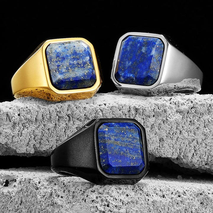 Anello da uomo in acciaio inossidabile con cielo stellato della galassia e lapislazzuli curativo Olivenorma
