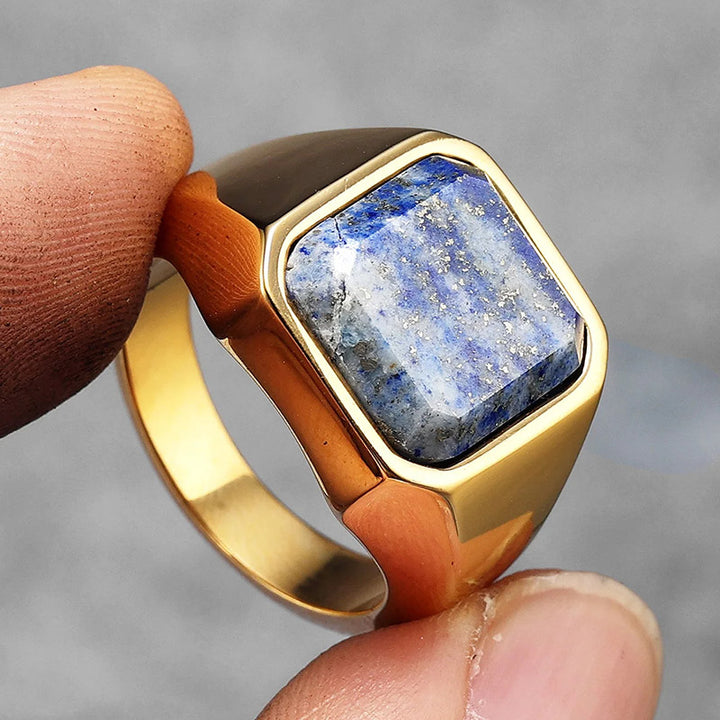 Anello da uomo in acciaio inossidabile con cielo stellato della galassia e lapislazzuli curativo Olivenorma