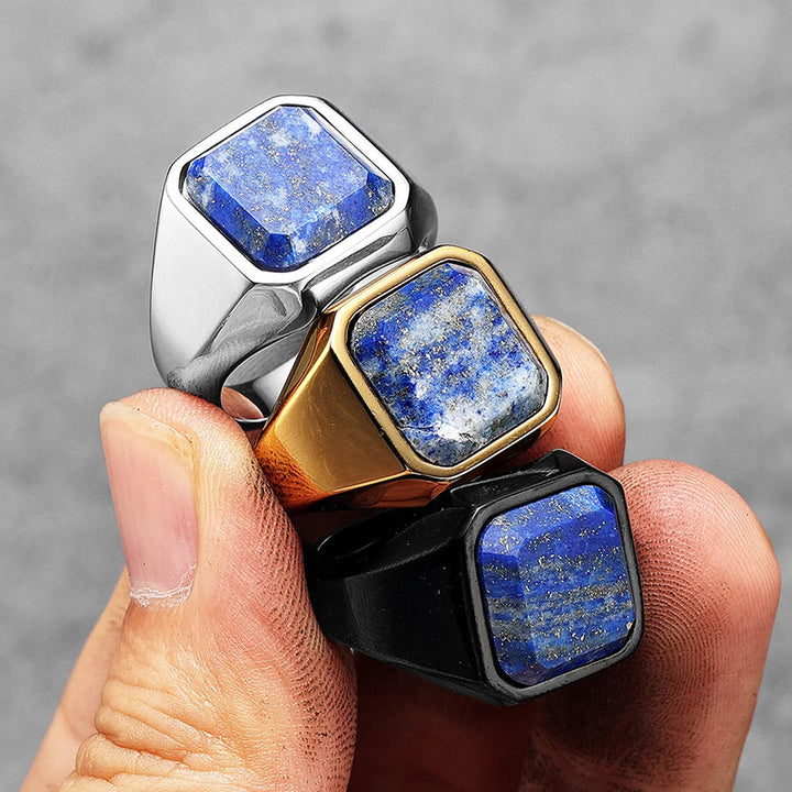 Anello da uomo in acciaio inossidabile con cielo stellato della galassia e lapislazzuli curativo Olivenorma