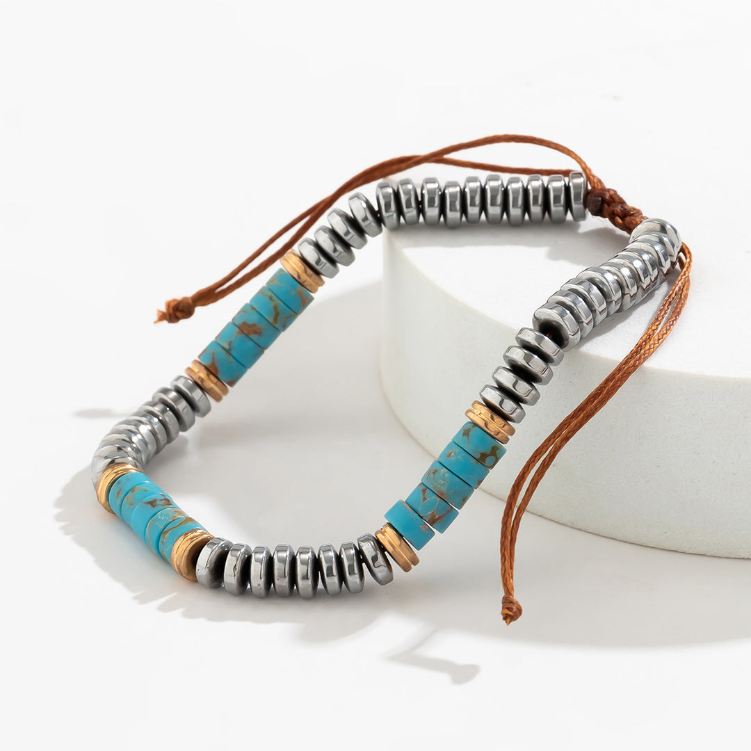 Olivenorma Braccialetto con coulisse intrecciato in perline di turchese ematite da uomo