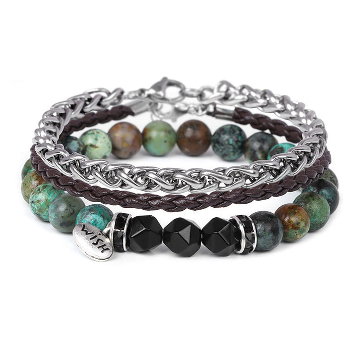 Olivenorma 3 pezzi Bracciale in pelle intrecciata con perline di metallo - Onice nero e turchese africano - image 14