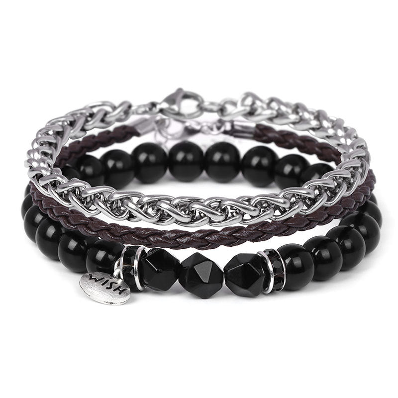 Olivenorma 3 pezzi Bracciale in pelle intrecciata con perline di metallo - Onice nero - image 4
