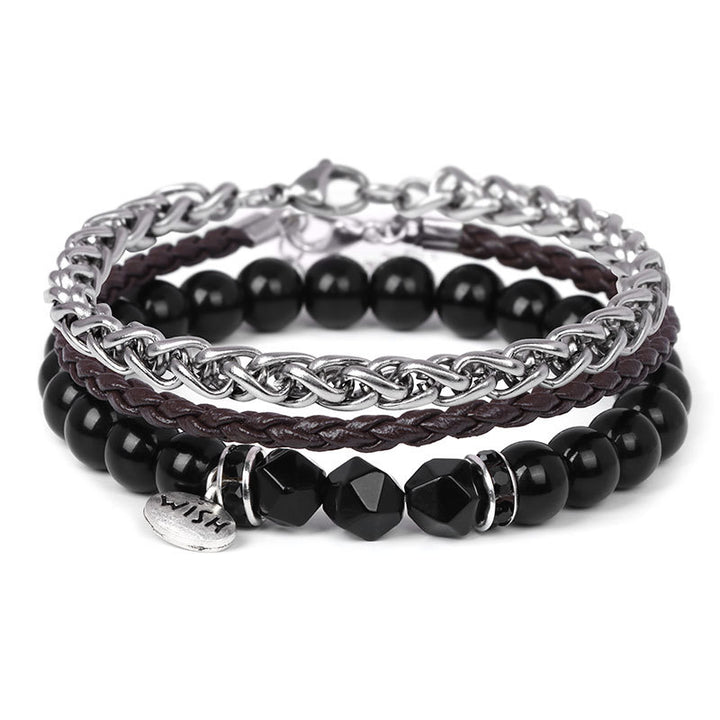 Olivenorma 3 pezzi Bracciale in pelle intrecciata con perline di metallo - Onice nero - image 4
