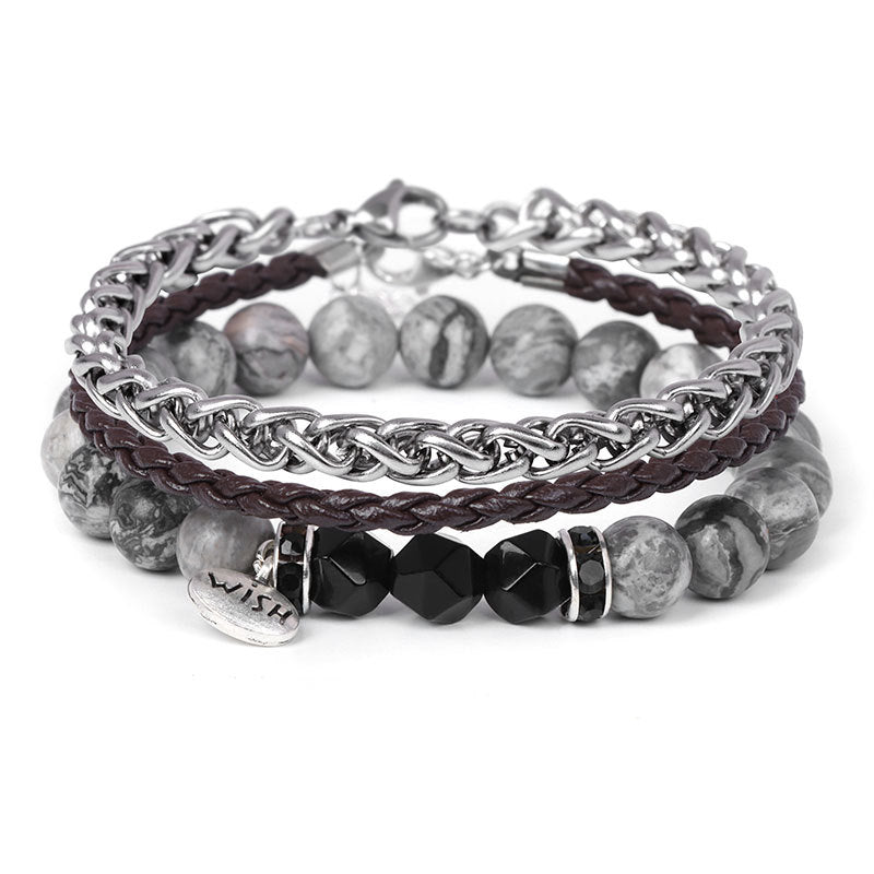 Olivenorma 3 pezzi Bracciale in pelle intrecciata con perline di metallo - Onice nero e diaspro grigio - image 6