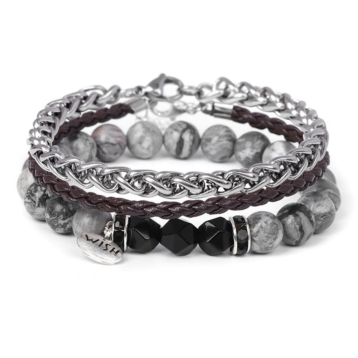 Olivenorma 3 pezzi Bracciale in pelle intrecciata con perline di metallo - Onice nero e diaspro grigio - image 6