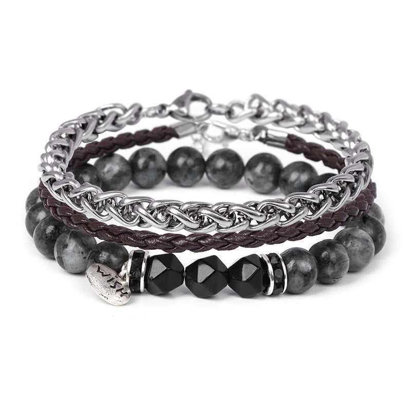 Olivenorma 3 pezzi Bracciale in pelle intrecciata con perline di metallo