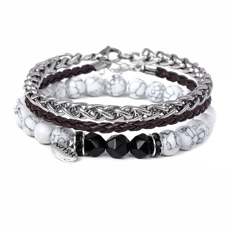 Olivenorma 3 pezzi Bracciale in pelle intrecciata con perline di metallo - Onice nero e turchese bianco - image 11