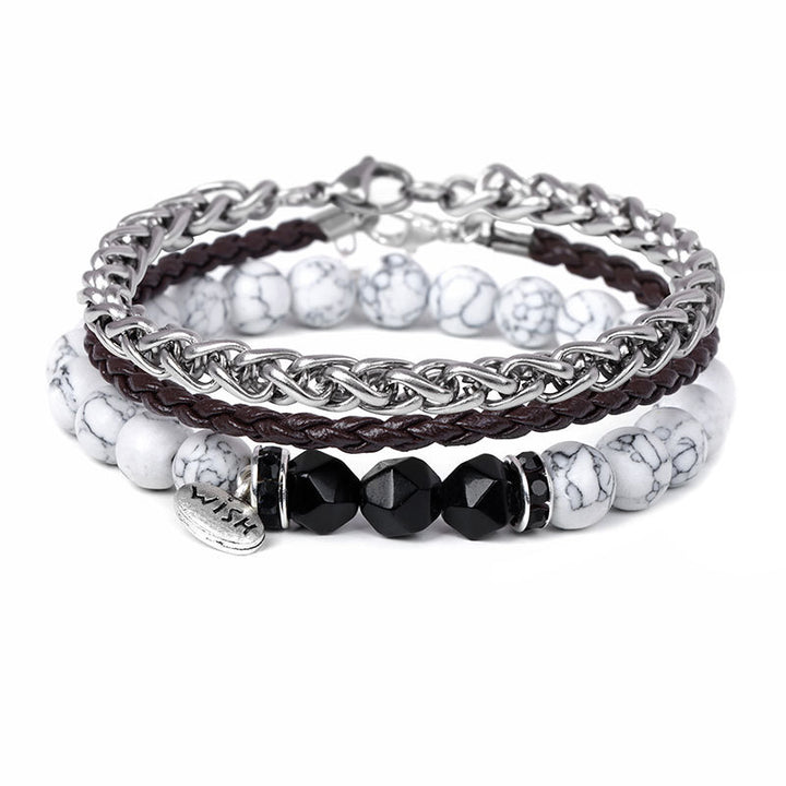 Olivenorma 3 pezzi Bracciale in pelle intrecciata con perline di metallo - Onice nero e turchese bianco - image 11