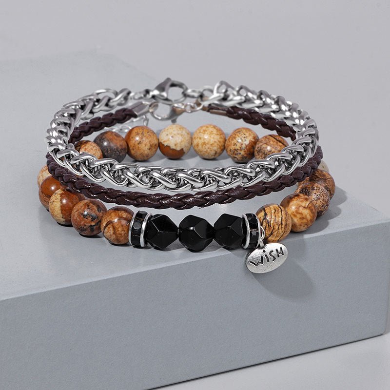 Olivenorma 3 pezzi Bracciale in pelle intrecciata con perline di metallo - Onice nero e diaspro dipinto - image 0