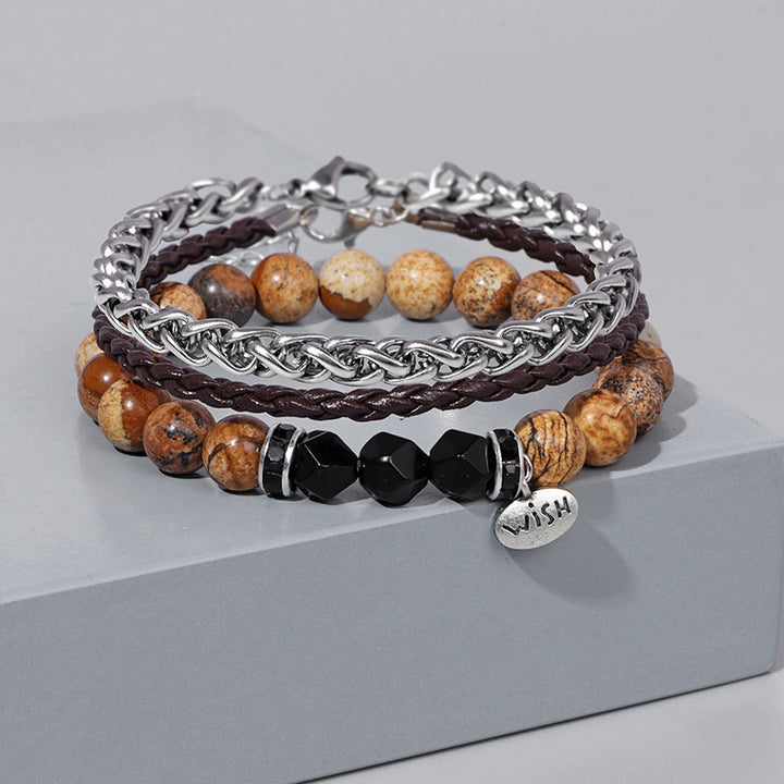 Olivenorma 3 pezzi Bracciale in pelle intrecciata con perline di metallo - Onice nero e diaspro dipinto - image 0