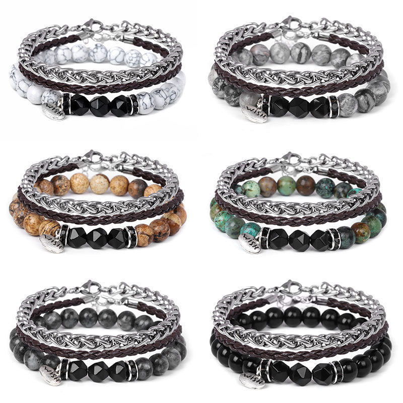 Olivenorma 3 pezzi Bracciale in pelle intrecciata con perline di metallo