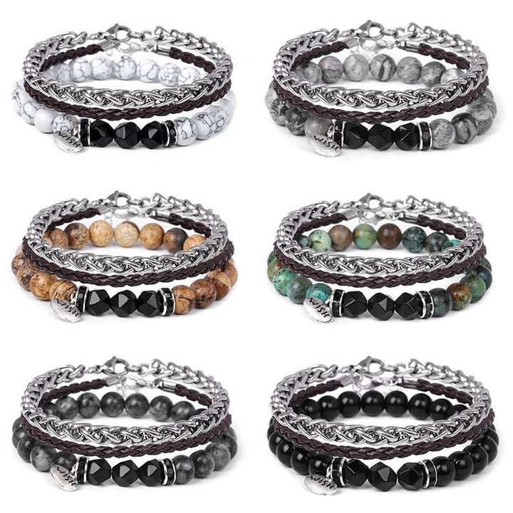 Olivenorma 3 pezzi Bracciale in pelle intrecciata con perline di metallo