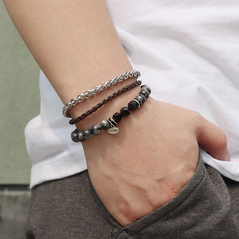 Olivenorma 3 pezzi Bracciale in pelle intrecciata con perline di metallo