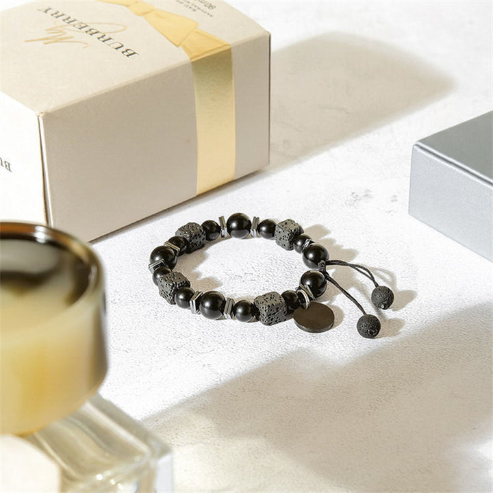 Olivenorma Bracciale regolabile da uomo in pietra lavica e ossidiana 