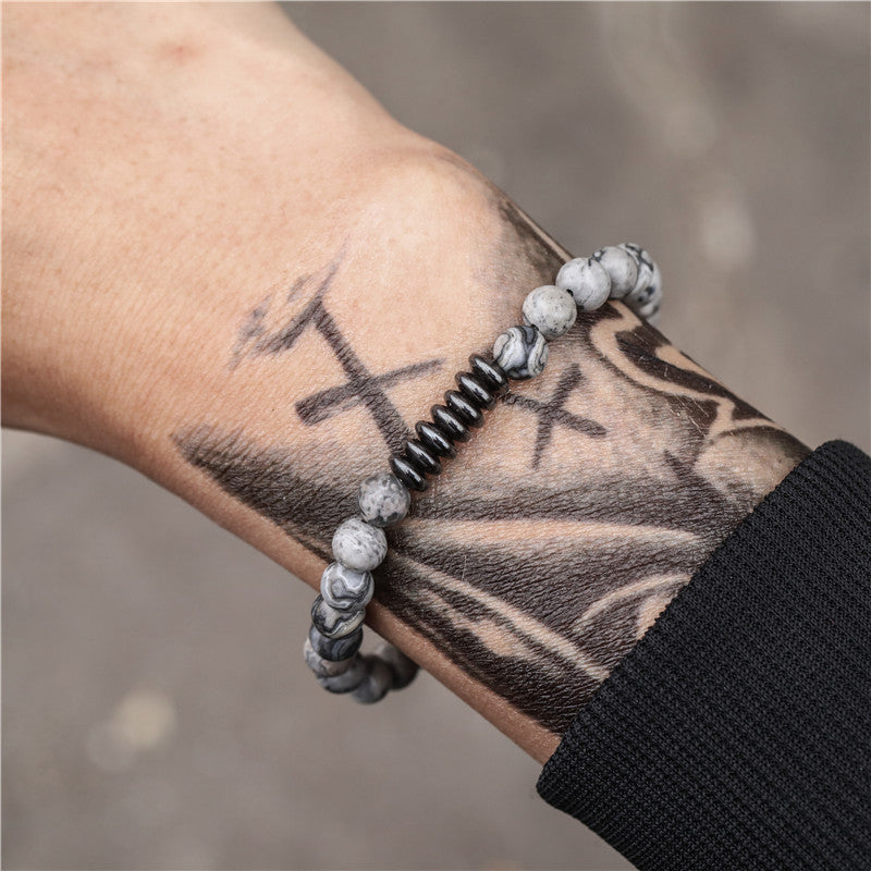 Olivenorma Bracciale regolabile da uomo in pietra lavica e ossidiana 