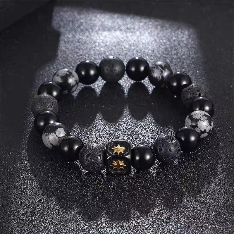 Bracciale da uomo Olivenorma con stella a otto punte in pietra lavica e ossidiana con fiocco di neve