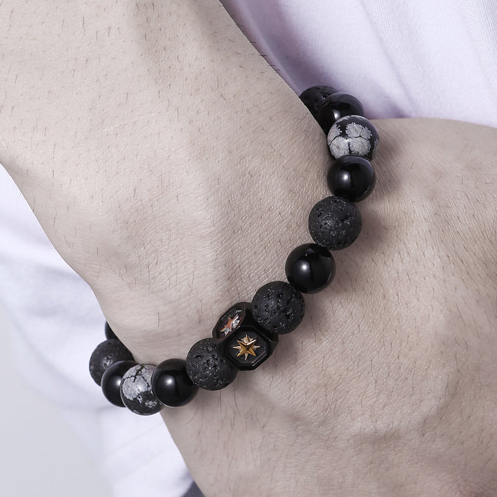 Bracciale da uomo Olivenorma con stella a otto punte in pietra lavica e ossidiana con fiocco di neve