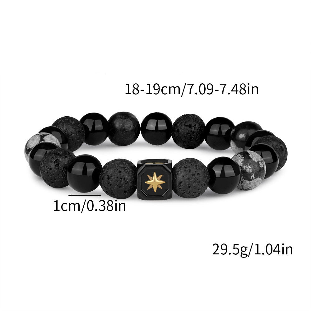 Bracciale da uomo Olivenorma con stella a otto punte in pietra lavica e ossidiana con fiocco di neve