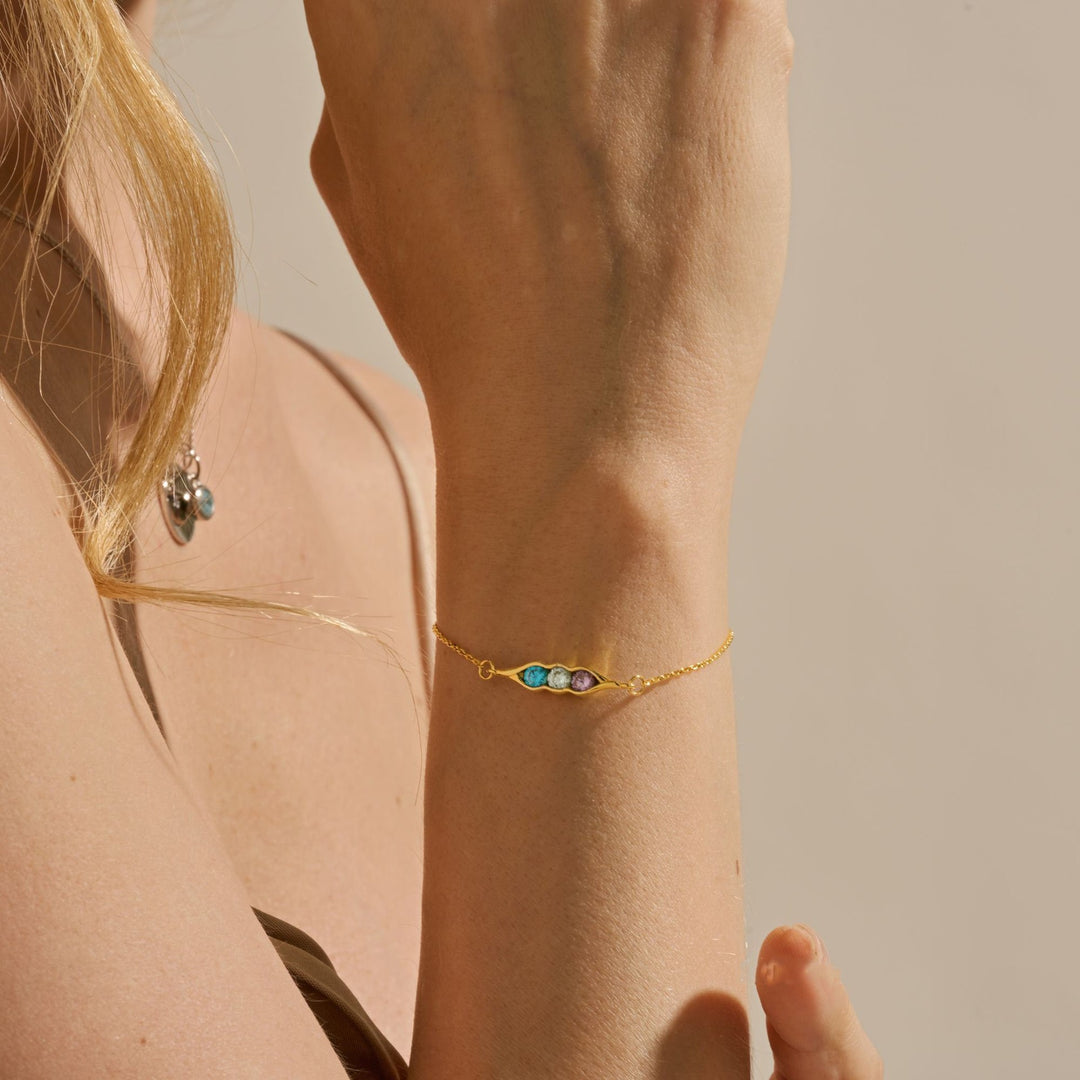 Bracciale Olivenorma con clip a forma di pisello, zircone bianco, ametista e acquamarina