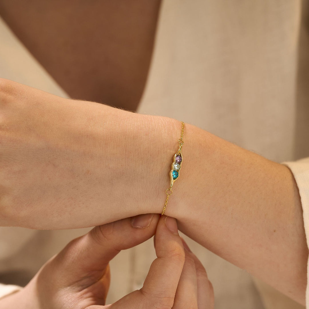 Bracciale Olivenorma con clip a forma di pisello, zircone bianco, ametista e acquamarina