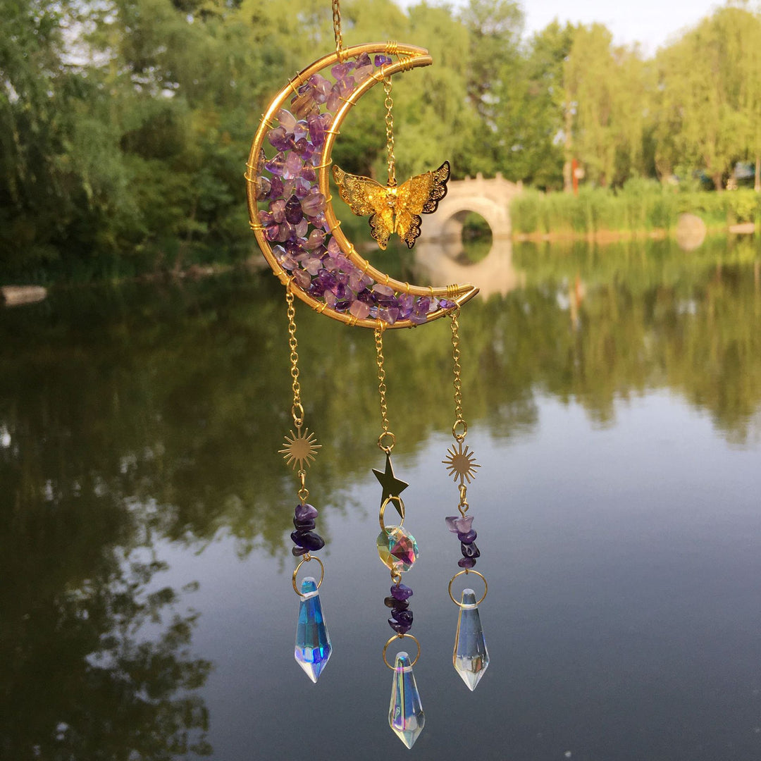 Olivenorma Campanello a vento con farfalla lunare in cristallo naturale Ghiaia