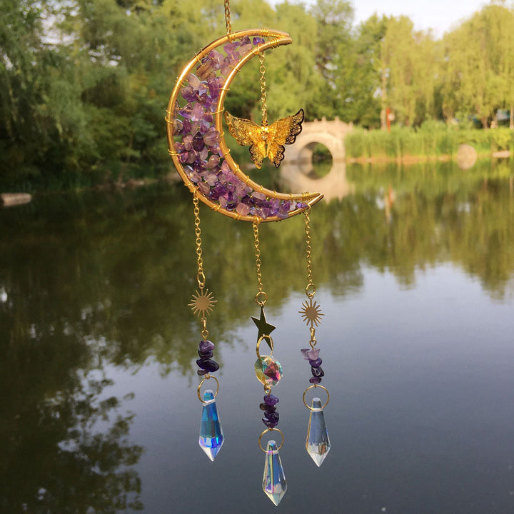 Olivenorma Campanello a vento con farfalla lunare in cristallo naturale Ghiaia