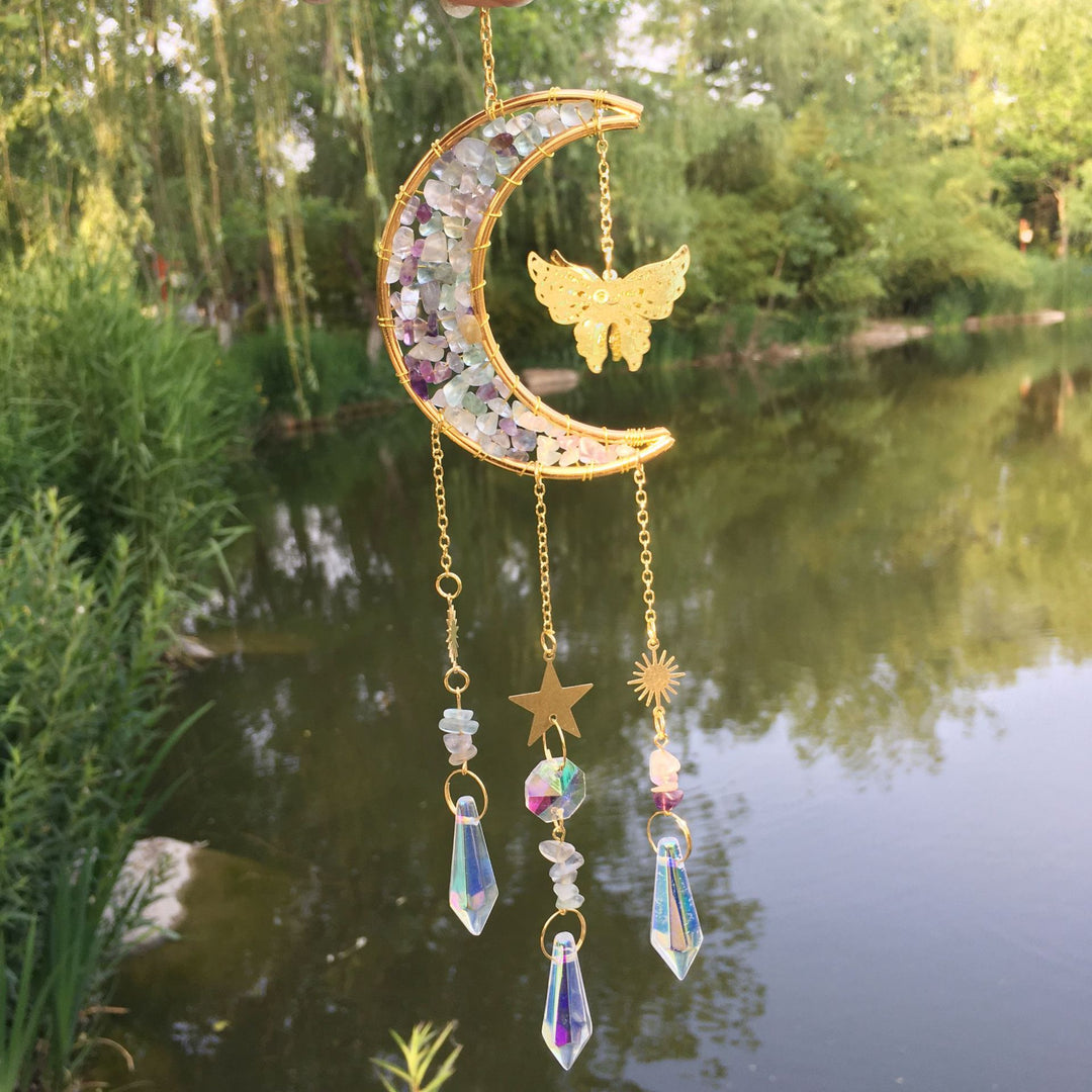 Olivenorma Campanello a vento con farfalla lunare in cristallo naturale Ghiaia