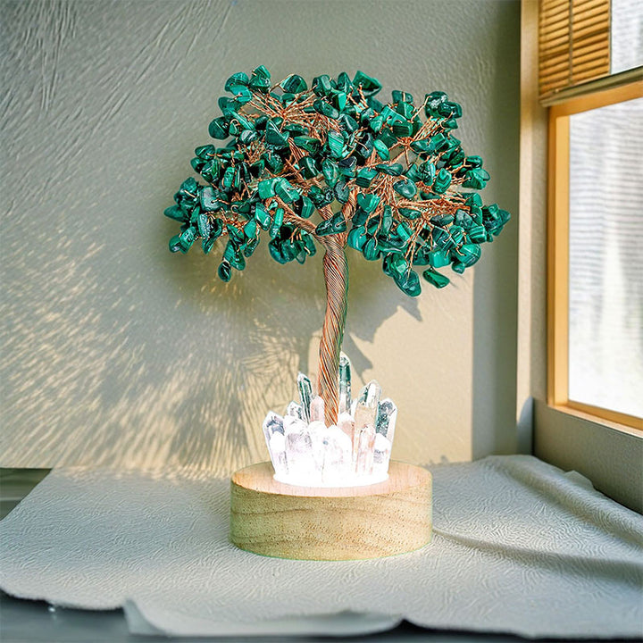 Lampada ad albero Feng Shui in cristallo di malachite Olivenorma