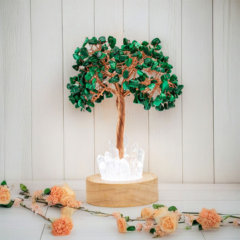 Lampada ad albero Feng Shui in cristallo di malachite Olivenorma
