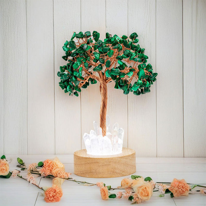 Lampada ad albero Feng Shui in cristallo di malachite Olivenorma