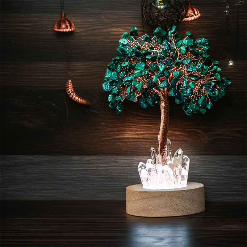 Lampada ad albero Feng Shui in cristallo di malachite Olivenorma