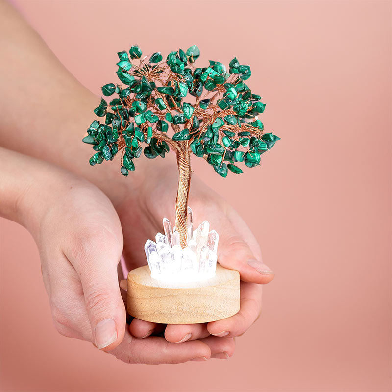 Lampada ad albero Feng Shui in cristallo di malachite Olivenorma