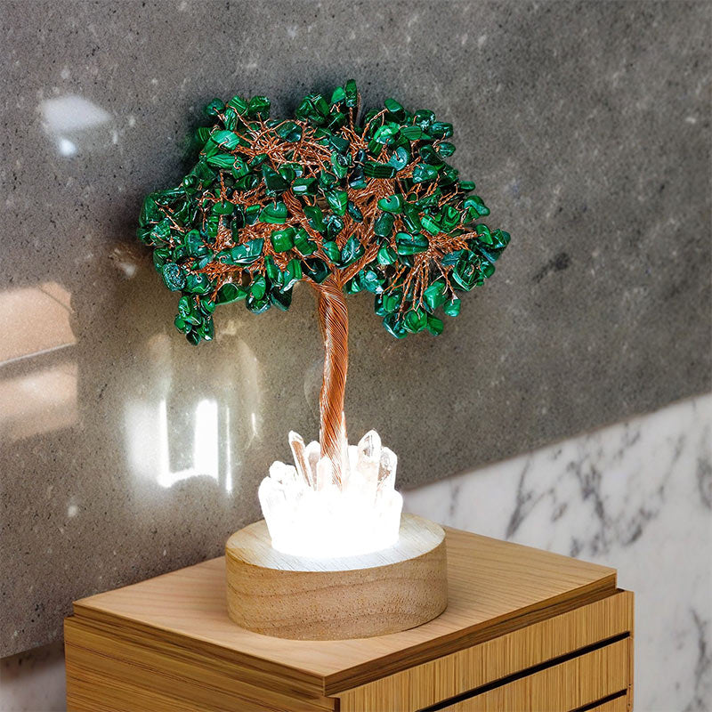 Lampada ad albero Feng Shui in cristallo di malachite Olivenorma