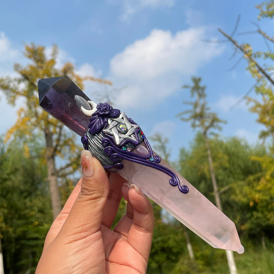 Olivenorma bacchette di cristallo magiche con scettro in quarzo rosa e ametista naturale