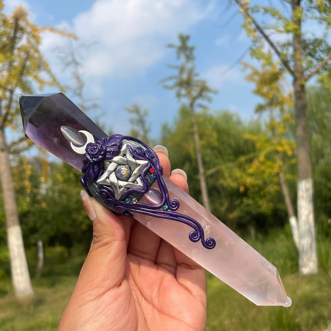 Olivenorma bacchette di cristallo magiche con scettro in quarzo rosa e ametista naturale