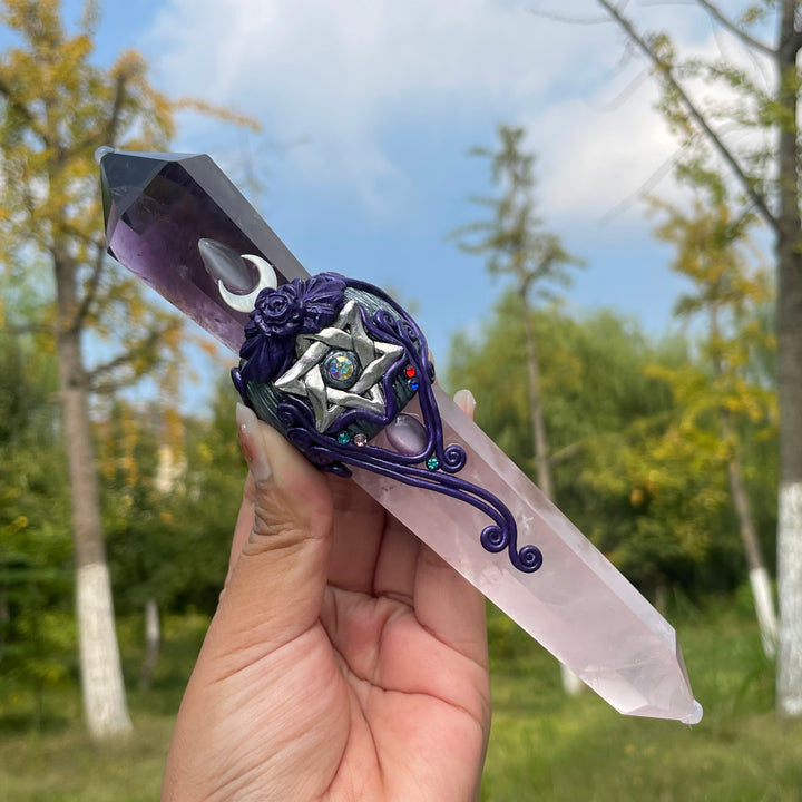 Olivenorma bacchette di cristallo magiche con scettro in quarzo rosa e ametista naturale