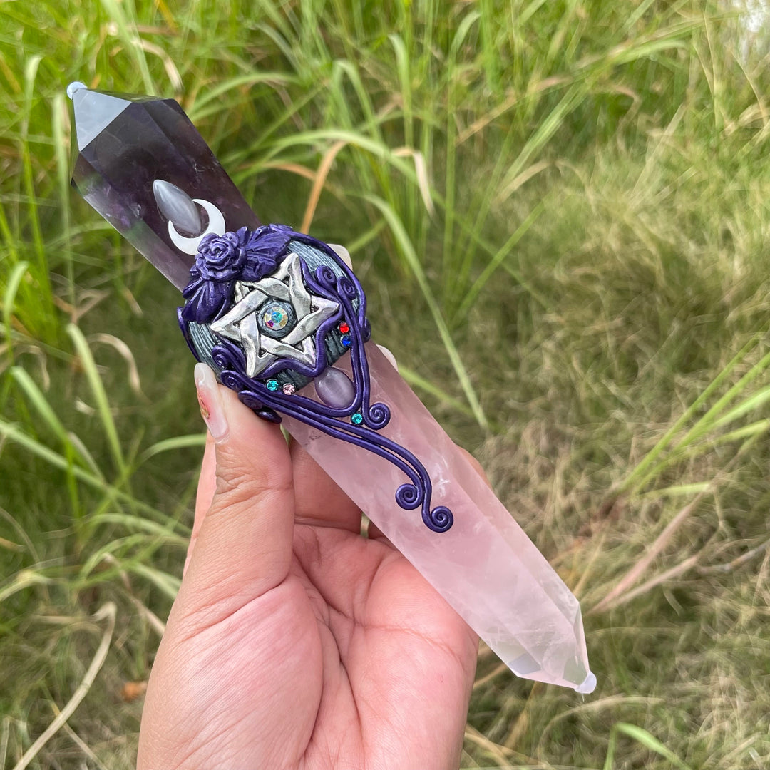 Olivenorma bacchette di cristallo magiche con scettro in quarzo rosa e ametista naturale