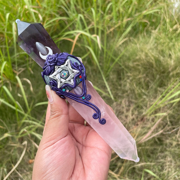 Olivenorma bacchette di cristallo magiche con scettro in quarzo rosa e ametista naturale